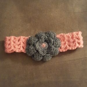 Hand-knitted headband pink with grey flower new